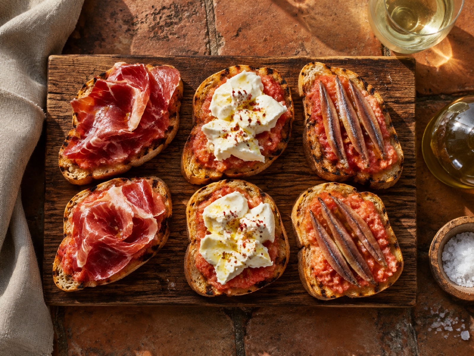 Plank met pan con tomate met jamón ibérico, burrata en ansjovis